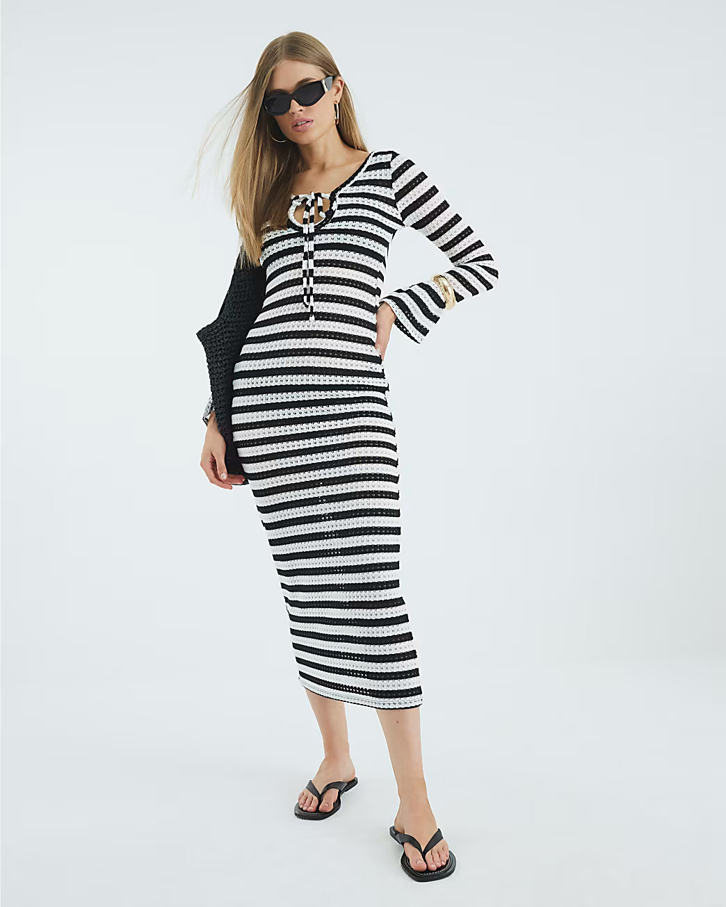 Black Long Sleeve Stripe Tie Front Maxi Dress