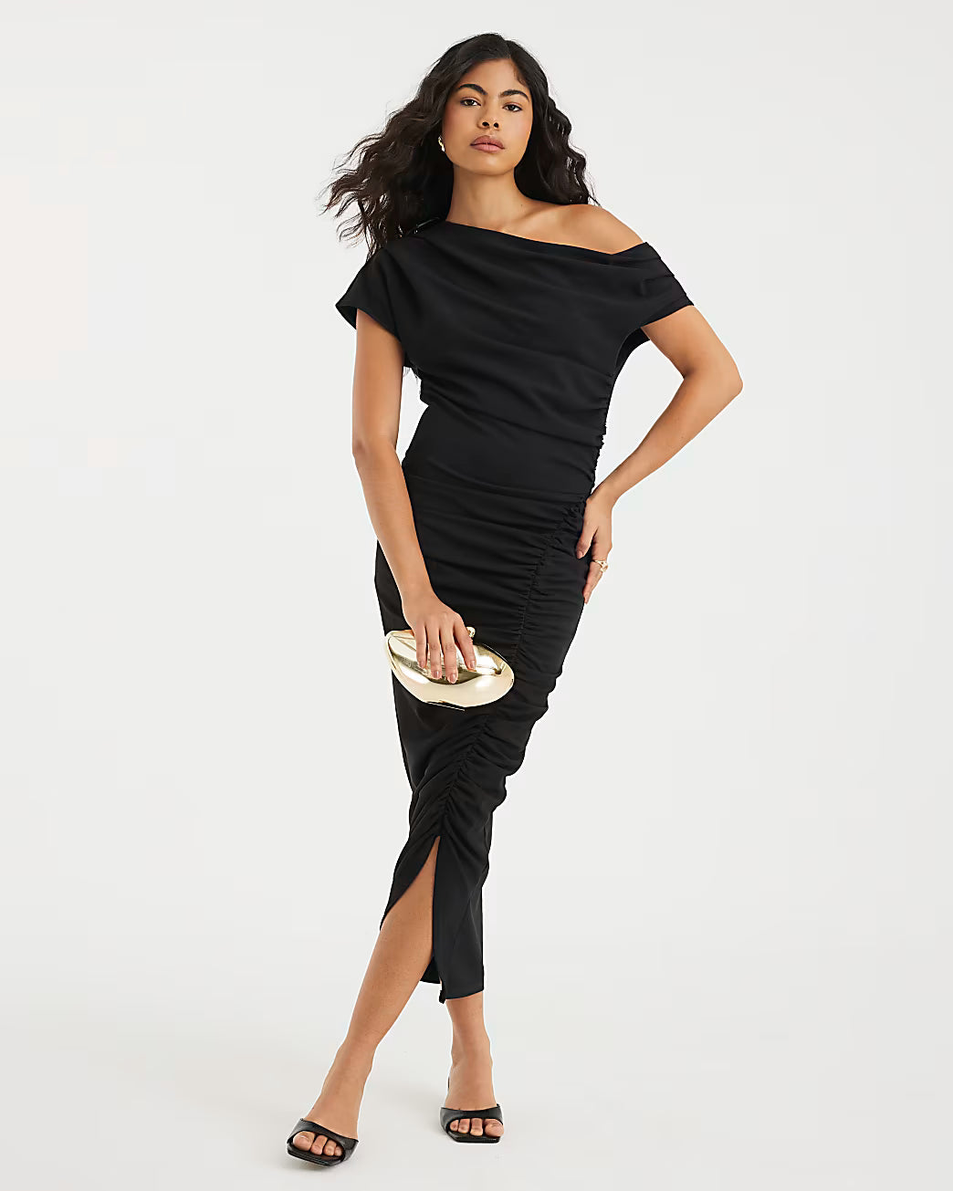 Black Short Sleeve Ruched Midi Dress