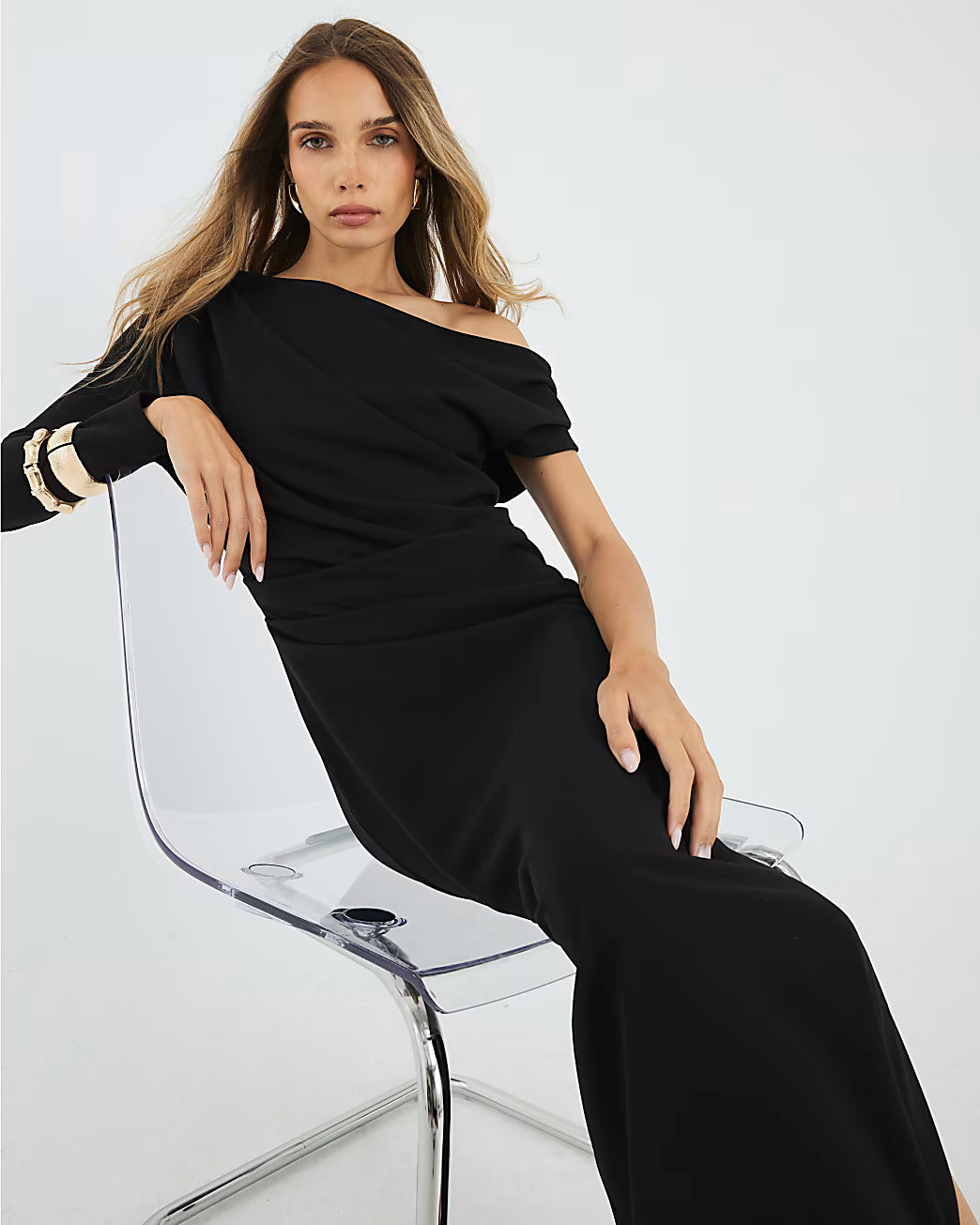 Black Asymmetrical Draped Maxi Dress