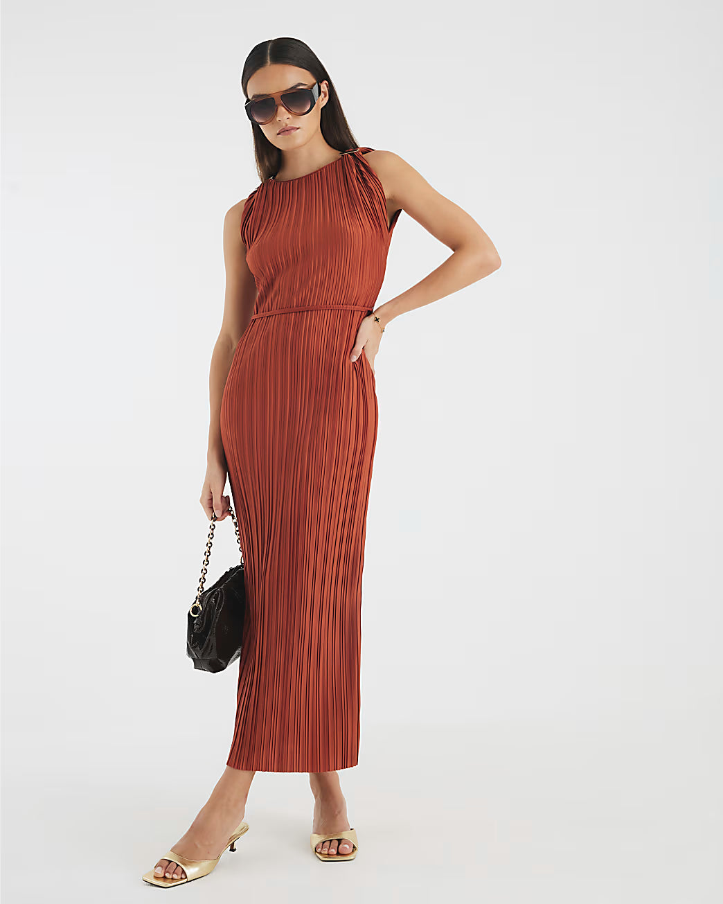 Orange Sleeveless Plisse Belted Midi Dress