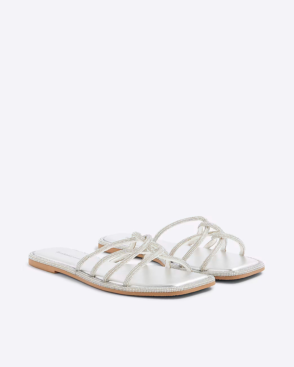 Silver Embellished Twist Strap Flat Sandals