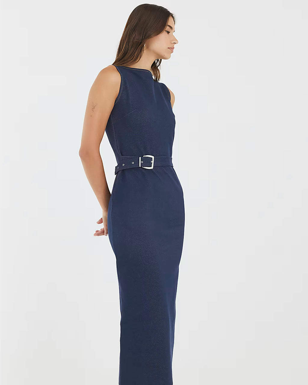 Blue Denim Twill Belted Midi Dress
