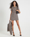 Brown Boucle Short Sleeve Check Mini Dress