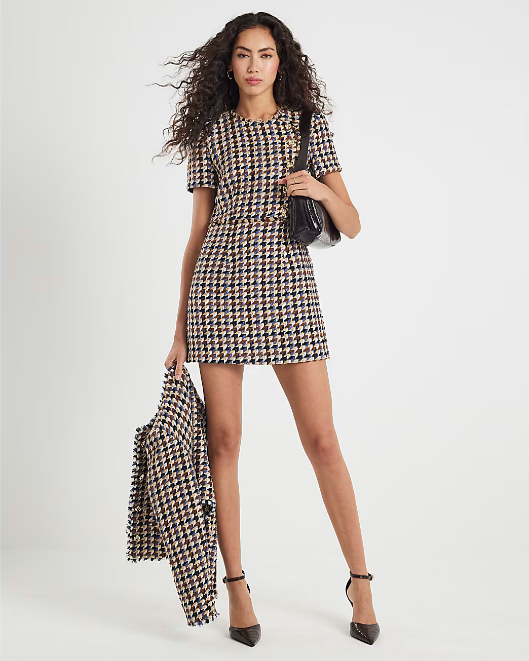 Brown Boucle Short Sleeve Check Mini Dress