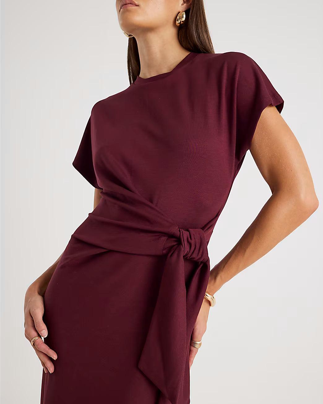 Red Premium Short Sleeve Knot Midi Dress