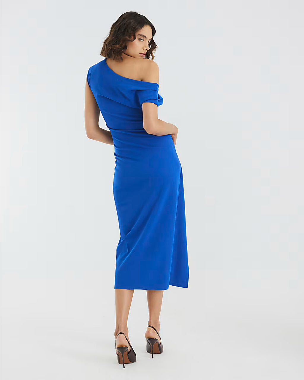 Blue Asymmetric Draped Wrap Midi Dress