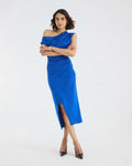Blue Asymmetric Draped Wrap Midi Dress