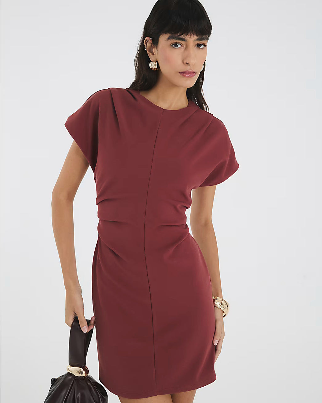 Brown Short Sleeve Ruched Mini Dress