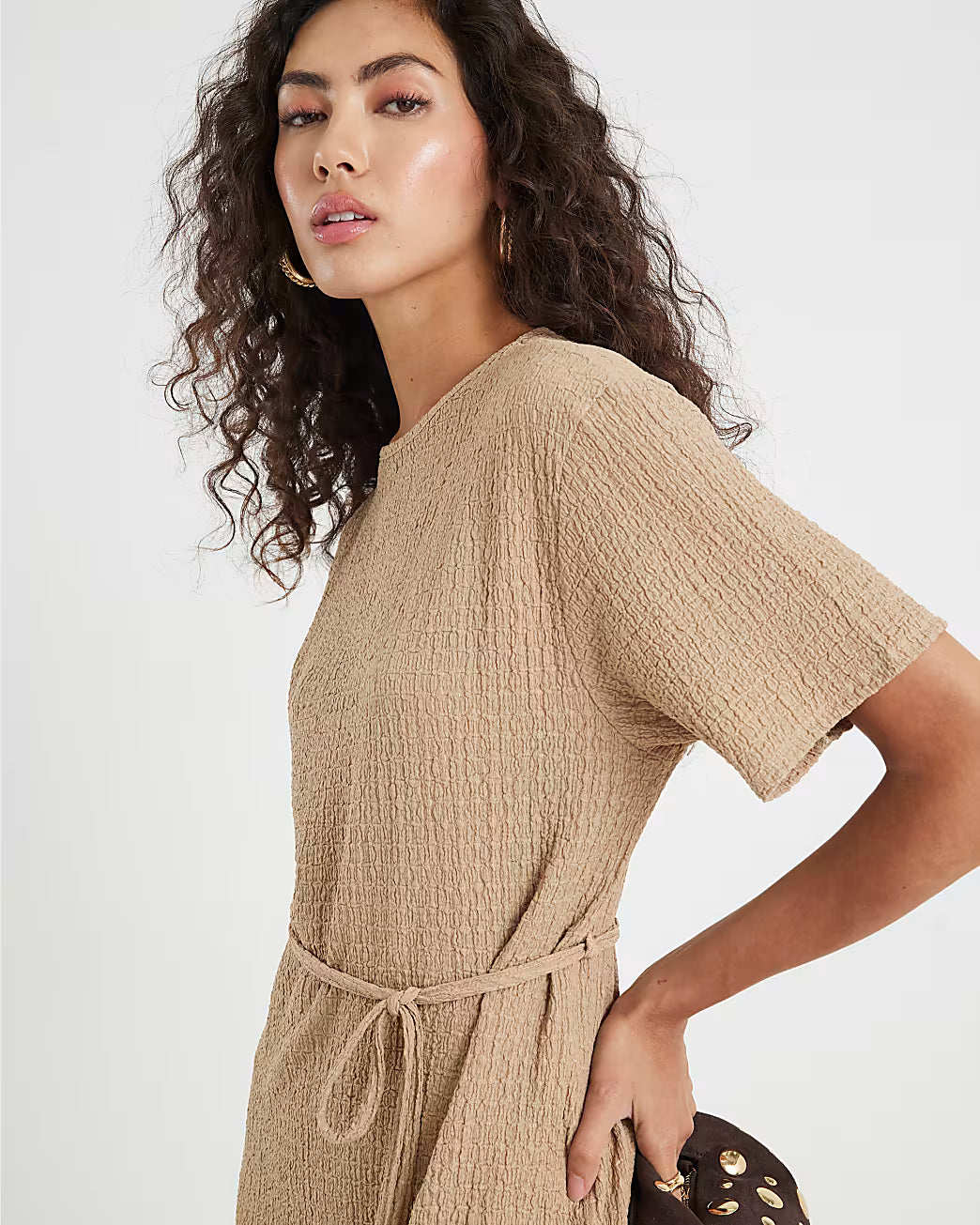 Beige Textured Belted Dress