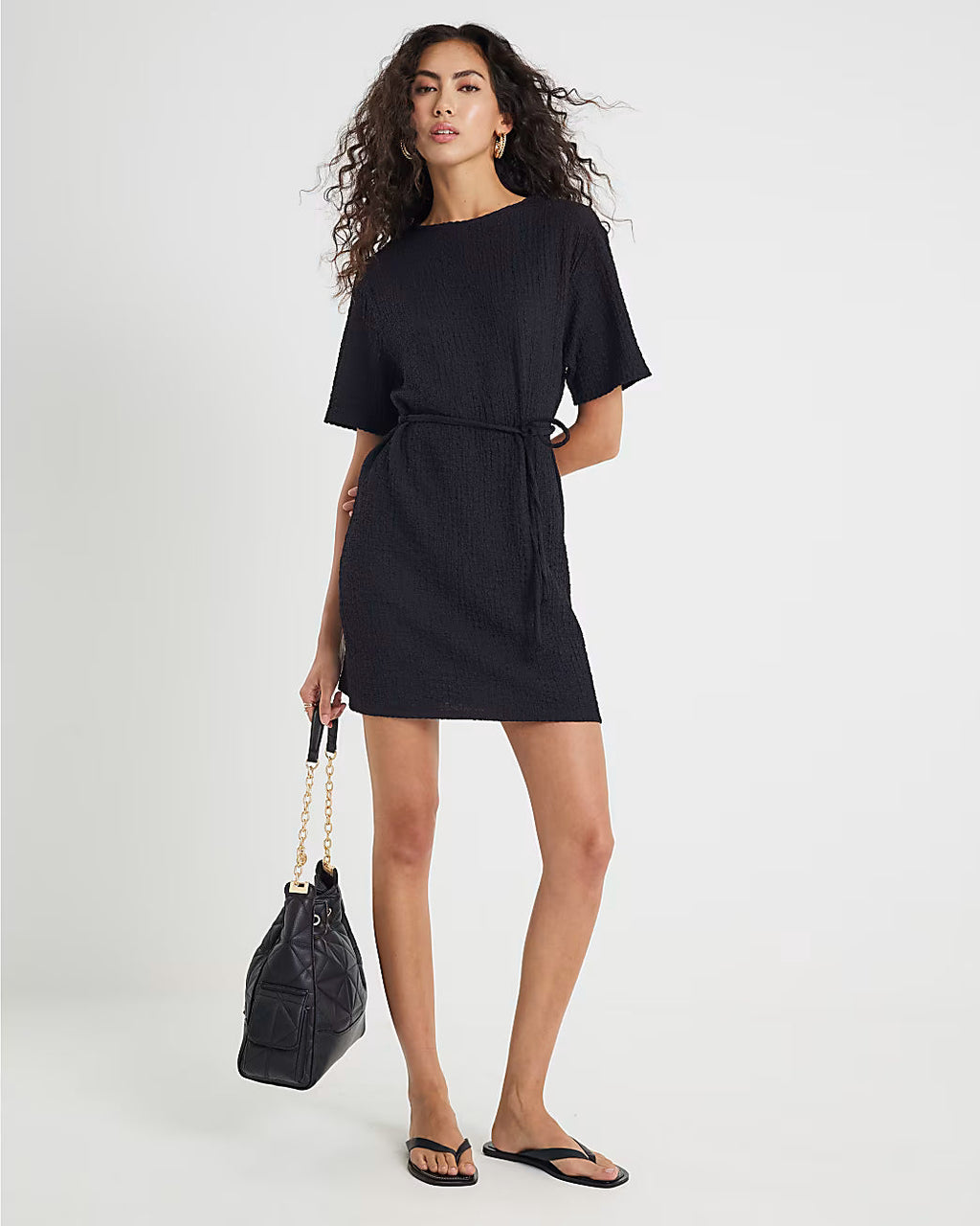Black Textured Belted Dress